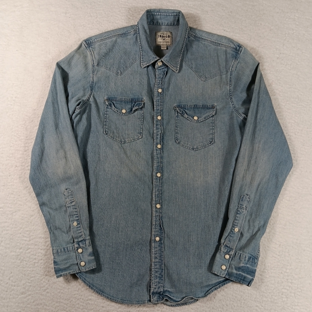 American Eagle Shirt Mens Medium Blue Denim Pearl Snap Indigo Western Cowboy